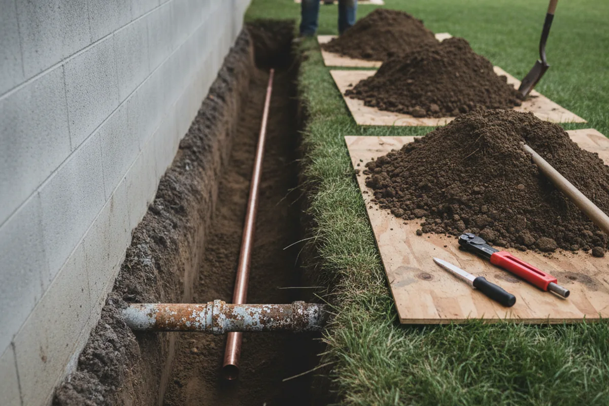 Excavated water line trench during Water Softener Installation in Gunlock